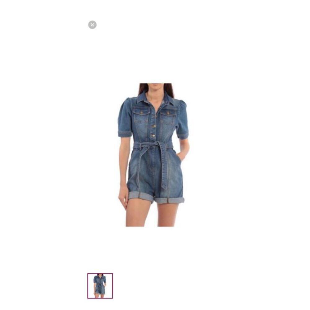 Anthro Avec Les Filles Denim Romper Belted Puff Sleeves Utility Size Medium